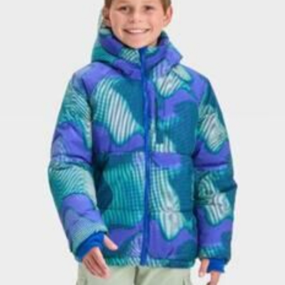 All In Motion Blue and Green Patterned Puffer Jacket Size Small 6/7